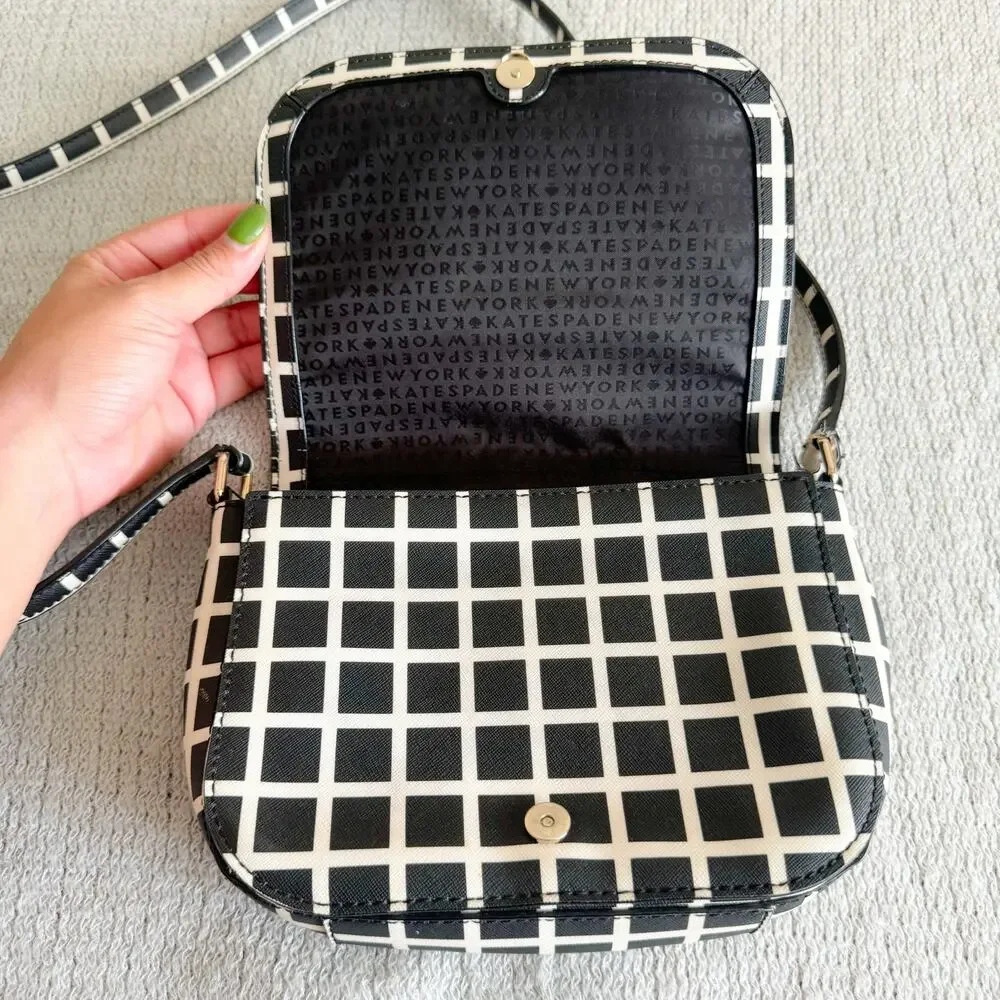 Kate Spade Black + White Laurel Way Carsen Printed Check Leather Crossbody Bag